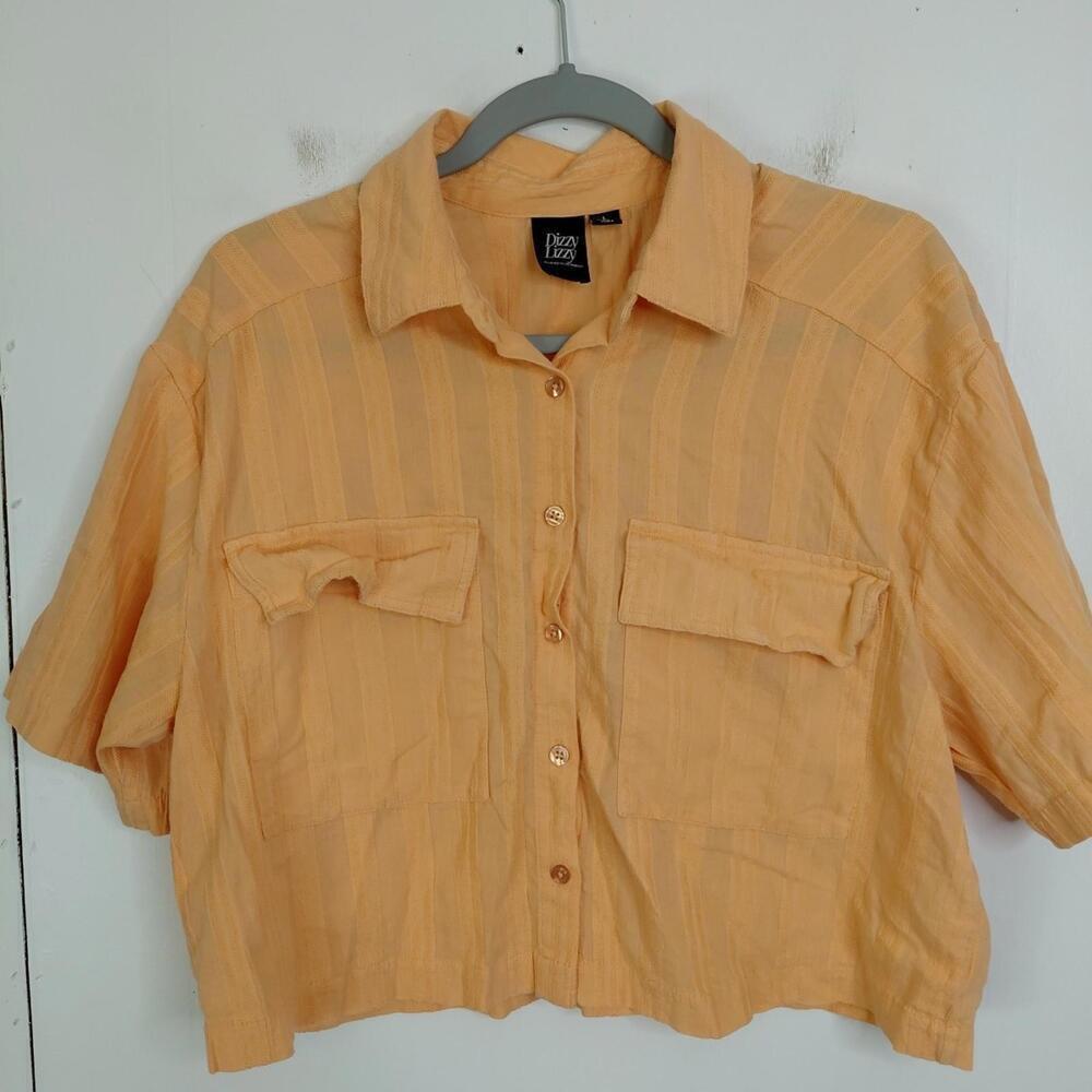 Dizzy Lizzy Top Womens Large Button Up Cropped Stripes Flap Pockets Orange